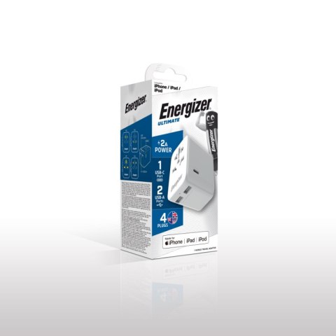 Energizer Ultimate - Ładowarka / Adapter podróżny EU / US / AU / UK + 2x USB-A & USB-C certyfikat MFi (Biały)