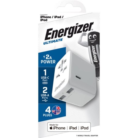 Energizer Ultimate - Ładowarka / Adapter podróżny EU / US / AU / UK + 2x USB-A & USB-C certyfikat MFi (Biały)