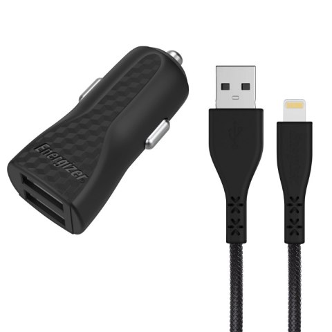 Energizer HardCase - Ładowarka samochodowa 2x USB-A 17W 3.4A + Kabel Lightning certyfikat MFi (Czarny)