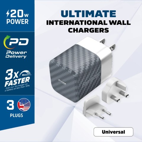 Energizer Ultimate - Ładowarka sieciowa Multiplug EU / UK / US GaN USB-C 20W PD (Srebrny)