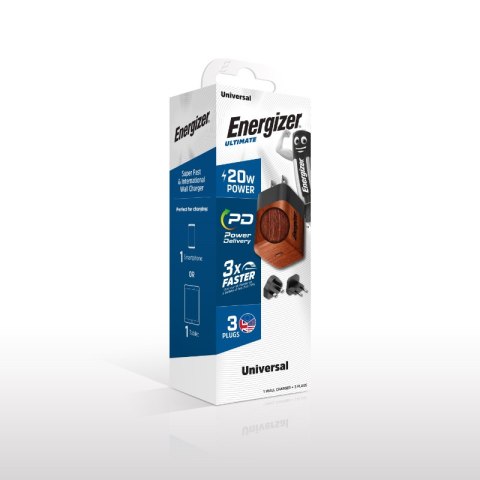 Energizer Ultimate - Ładowarka sieciowa Multiplug EU / UK / US GaN USB-C 20W PD (Walnut burl)