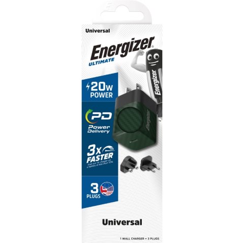 Energizer Ultimate - Ładowarka sieciowa Multiplug EU / UK / US GaN USB-C 20W PD (Zielony)