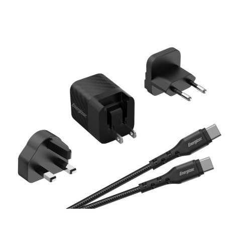 Energizer Ultimate - Ładowarka sieciowa Multiplug EU / UK / US GaN USB-C 20W PD + kabel USB-C (Czarny)