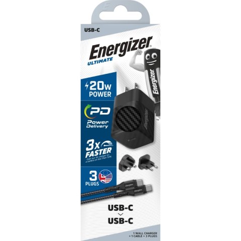 Energizer Ultimate - Ładowarka sieciowa Multiplug EU / UK / US GaN USB-C 20W PD + kabel USB-C (Czarny)