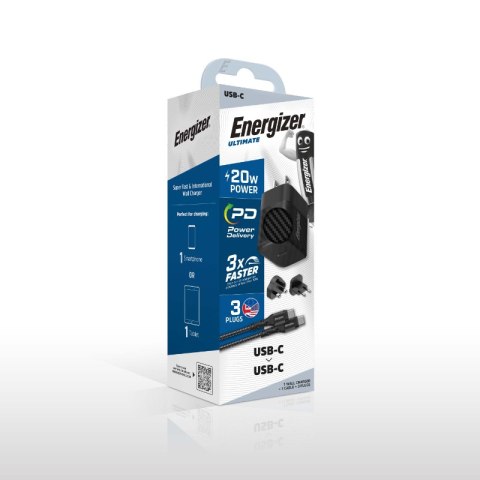 Energizer Ultimate - Ładowarka sieciowa Multiplug EU / UK / US GaN USB-C 20W PD + kabel USB-C (Czarny)