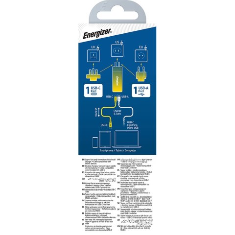 Energizer Ultimate - Ładowarka sieciowa Multiplug EU / UK / US GaN USB-C & USB-A 65W PD + Kabel USB-C (Czarny)