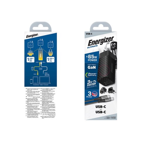 Energizer Ultimate - Ładowarka sieciowa Multiplug EU / UK / US GaN USB-C & USB-A 65W PD + Kabel USB-C (Czarny)