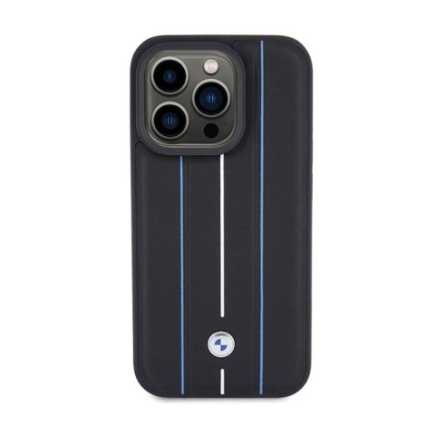 BMW Leather Stamp Blue Lines - Etui iPhone 15 Pro Max (czarny)